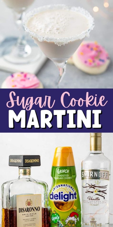 Sugar Cookie Martini is a creamy vodka martini with just 3 ingredients - the perfect holiday cocktail recipe! Tastes just like a sugar cookie! Christmas Drinks Alcohol, Sugar Cookie Cocktail, Sugar Cookie Martini Recipe, Sugar Cookie Martini, Cookie Martini, Sweet Martini, Mommy Juice, Super Smoothies, Xmas Dinner