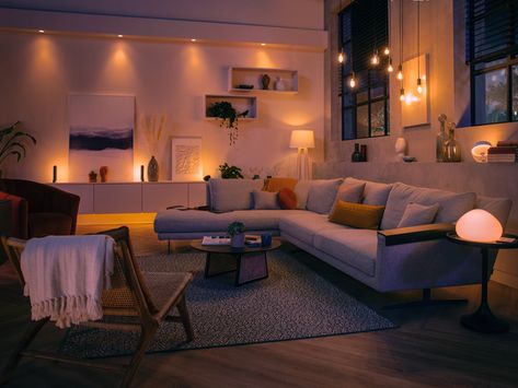 House Ambient Lighting, Light Up Living Room, Dim Lights Aesthetic Living Room, Ceiling Ambient Lighting, Lighting For Living Room Ideas, House Mood Lighting, Ambient Light Living Room, Ambient Home Lighting, Ambient Lighting Dining Room