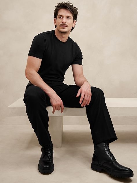 Luxury-Touch T-Shirt | Banana Republic Mens Stool Poses, Mens Casual Poses, Model Man Pose, Black Male Model Digitals, Fit Tshirt Outfits, All Black Man Outfit, Character Pose Male, Men All Black Outfit Casual, Black Outfits Men Casual