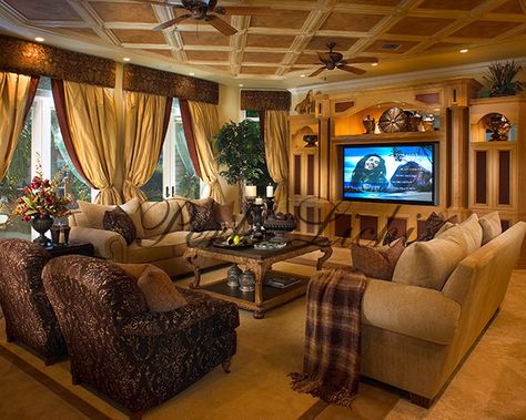 Family Room Gold And Brown Living Room Decor, Living Room Designs Mediterranean, Luxury Family Room Design, 2000s Tuscan Home, Gold Family Room, 2000s Living Room, Tuscan Bedroom Decor, Dream Kitchen Design Luxury, Tuscan Living Room Ideas