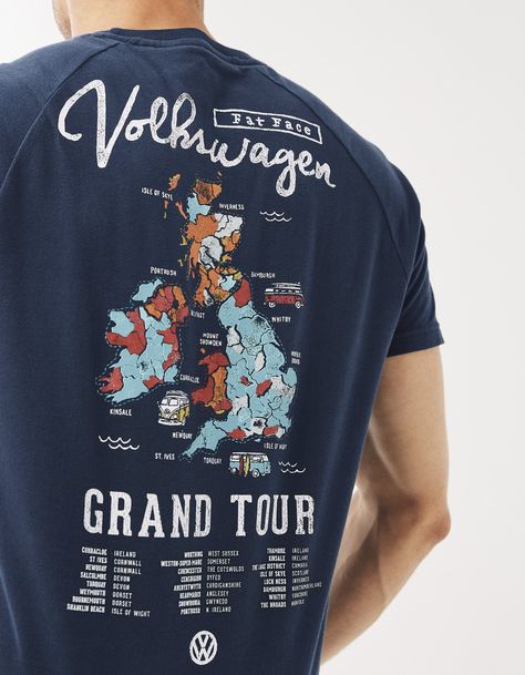 We've teamed up with our friends at Volkswagen to bring you this stylish Grand Tour t-shirt. This vintage edition features graphics on both the front and back, a crew neck, short sleeve style for easy wear and breathable, soft fabrics. Its comfortable fit makes this t-shirt ideal for road trips, days out, or just relaxing at home. Band Tour Tshirt Design, Band Shirt Design Ideas, Travel T-shirts, Tour T Shirt Design, Travel Tshirt Designs, Concert Tour Shirts, Vintage Tour Shirt, Concert Shirt Design, Vintage Concert Tee
