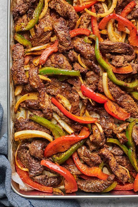 Sheet Pan Steak Fajitas, Easy Fajita Recipe, Beef Fajita Recipe, Sheet Pan Fajitas, Sheet Pan Steak, Pan Fajitas, Easy Steak Fajitas, Fajita Marinade, Steak Fajita Recipe