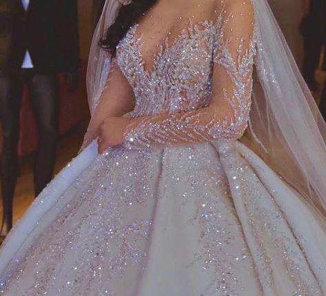 White Bling Wedding Dress, Wedding Dresses With Bling Crystals, Sparkly Puffy Wedding Dress, Wedding Dresses Rhinestones Crystals, Sparkling Wedding Dress With Sleeves, Princess Wedding Dresses Glitter, Wedding Dress Rhinestone Crystals, Wedding Dresses With Diamonds Sparkle, Long Sleeve Bling Wedding Dress