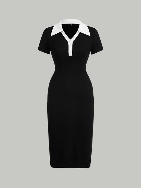 SHEIN MOD Preppy Style Black And White Contrast Collar Button Front DressI discovered amazing products on SHEIN.com, come check them out! Id Shein, Shein Id, Shein Vestidos, Vestidos Shein, Preppy Mode, Indie Dresses, Stile Preppy, Body Con Dress Outfit, Corporate Dress