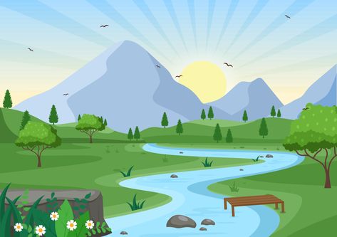 Download the Sunrise Landscape of Morning Scene Mountains, Hill, Lake and Valley in Flat Nature for Poster, Banner or Background Illustration 5132148 royalty-free Vector from Vecteezy for your project and explore over a million other vectors, icons and clipart graphics! Mountain Animation, Sunrise Clipart, Sunrise Vector, Nature Animated, Valley Drawing, Valley Illustration, Scenery Clipart, Nature Animation, Hill Illustration