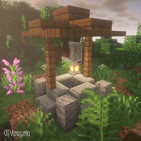 Minecraft Decor Exterior, Minecraft Cute Garden Ideas, Outside Decor Minecraft Ideas, Village Well Minecraft, Outdoor Decoration Minecraft, Minecraft Cute Outdoor Decor, Cute Well Minecraft, Minecraft Bushes Design, Minecraft Bedroom Ideas Cottagecore