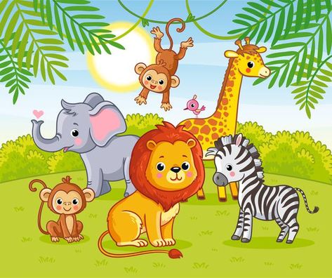 Jungle Drawings, Animals In The Jungle, Cartoon Jungle Animals, Jungle Drawing, Jungle Cartoon, Jungle Pictures, Animal Pictures For Kids, Animal Illustration Kids, Wild Animals Vector