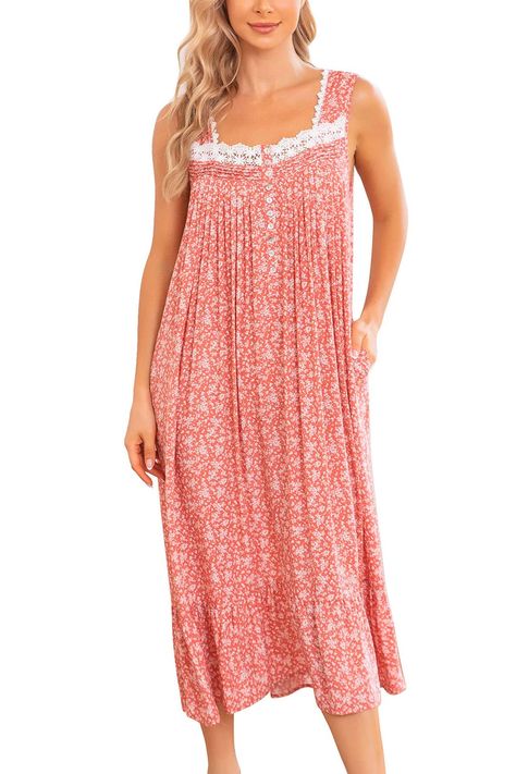 PRICES MAY VARY. Womens sleeveless nightgown is made of 65% Polyester,35% Cotton. Lightweight, breathable, comfy and flattering. Soft to the touch and allows for comfortable and free movement. It's the perfect nightdress to wear at night in the summer. Sleeveless night gowns features: Floral Print Design, pintucked, lace collar, beautiful victorian style subtle ruffles detailing decorationfor an extra fancy touch.Two functional patch pockets on each side of the lounge dress, are perfect for keep Night Dress For Women Cotton Night Dress For Women, Cotton Nightgowns, Maternity Nightgown, Sleeveless Nightgown, Long Nightdress, Cotton Night Dress, Delivery Gown, Forest Style, Night Gowns