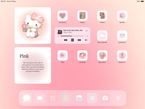 Organisation, Sanrio Homescreen Ipad, Ipad Pink Homescreen Ideas, Ipad Wallpaper Aesthetic Layout, Ipad Pink Layout, Cute Ipad Homescreen Ideas Pink, Pink Ipad Setup Homescreen, Pink I Pad Aesthetic, Tablet Theme Ideas