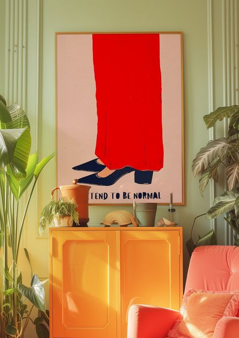 Trendy Woman Poster, Typography Print, Retro Wall Art, Maximalist Art Print, Vintage Poster, Psychedelic Art, Y2K Apartment Poster, Shoes Poster, Preppy Print, Maximalist Wall Art, Dorm Room Decor, Trippy Poster, Kitchen Wall Decor, Dopamine Decor, Eclectic Art Decorate your home or office with an easy way. You can print at your home , at your local print shop or upload the files and get your printable 70s inspired wall art easily. I N C L U D E D - F I L E S Included are 5 high res JPG image files at 300 dpi A 4x5 ratio file for printing 4"x5", 8"x10", 16"x20", 40x50cm. A 3x4 ratio file for printing 6"x8", 9"x12", 12"x16", 18"x24" A 2x3 ratio file for printing 4"x6", 6"x9", 8"x12", 10"x15", 12"x18", 16"x24", 20"x30", 24"x36", 60x90cm. An international paper size file for printing 5"x7", A Art Deco Living Room Apartment, Red Home Aesthetic, Minimal Eclectic Decor, Trendy Paintings, Red Interior Design, Shoes Poster, Eclectic Paintings, Artsy Room Decor, Wall Art Eclectic