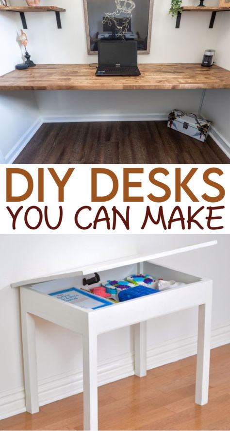 Pallet Wood Desk Diy, Diy Desk Ideas Cheap Easy, Diy Simple Desk Wood, Diy Art Desk Work Stations, Kids Desk Plans, Homemade Craft Table, Kids Art Desk Ideas, Narrow Desks For Small Spaces, Computer Desk For Small Spaces