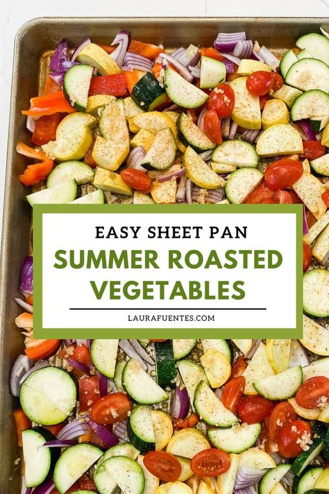 a sheet pan with different cut up veggies with seasoning on them Summer Vegetables Side Dishes, Baked Veggies Recipes, Summer Vegetable Recipes, Roasted Summer Vegetables, Fresh Vegetable Recipes, Easy Roasted Vegetables, Sheet Pan Dinners Recipes, Summer Vegetables, Baked Veggies