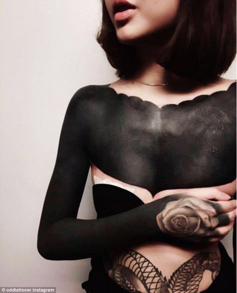 Darkness be my friend: 'Blackout' tattoos, where large areas of skin are tattooed solid black, are becoming more popular for those committed to ink Singapore Tattoo, Solid Black Tattoo, Blackout Tattoo, Tattoo Trend, B Tattoo, Tattoo Flash Art, Cover Up Tattoos, Tattoo Removal, Tattoo Trends