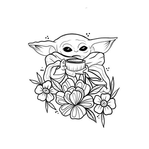 Pretty Tattoo Stencils, Baby Yoda Tattoo, Yoda Tattoo, Mandalorian Tattoo, Ako Kresliť, Yoda Drawing, Line Art Tattoo, Tattoo Practice, Outline Tattoo