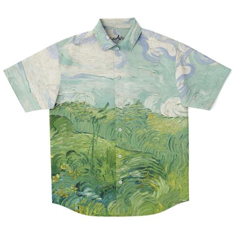 Original Artwork  green field  by vincent van gogh Ultra limited edition. No restock. This product is unisex and fits true to size. For an oversized look you may want to order up a size or two. ( check sizing table below ) Tracked shipping and delivery. You will receive an email with the tracking link once your order Blue And Green Outfit Men, Vintage Button Up Shirt Outfits, Van Gogh Green, Van Gogh Shirt, Cottagecore Fashion Male, Funky Clothing, Blue Shirts, Buttoned Shirt, Green Field