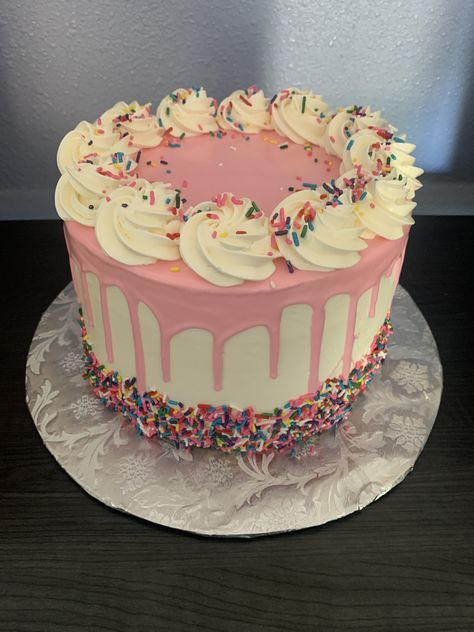 Pink Funfetti Cake Birthday, Pink Bday Cake Ideas, Forever Sweet Birthday Cake, Simple Two Sweet Birthday Cake, Pink Sprinkles Cake, Funfetti Drip Cake, Birthday Cake With Sweets, Pink Cake With White Drip, Easy Sweet 16 Birthday Cakes Simple
