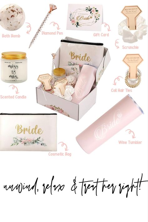 Bridal Shower Box Ideas, Bachelorette Gift Box Ideas, Bridal Gift Box Ideas, Gift Boxes Business Ideas, Bride Boxes Gift Ideas, Bride To Be Present Ideas, Bride Gift From Bridesmaid, Bride To Be Box Ideas, Bride Gift Box Ideas