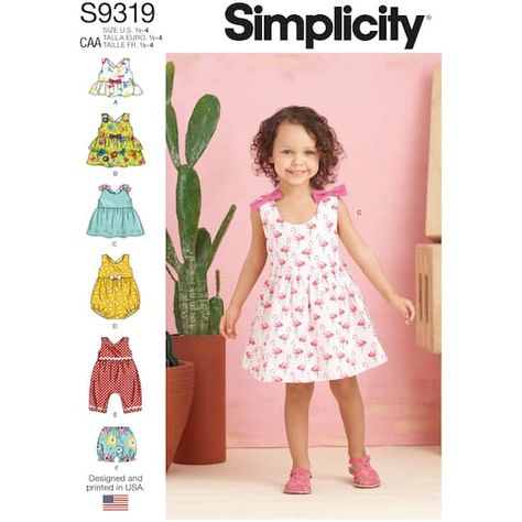 "Buy the Simplicity® Pattern CS9319 (1/2-4) at Michaels. Apparel Sewing Project. Pullover top and dresses have self-lined bodice, raised waist, gathers, adjustable, concealed criss-cross back button shoulder straps and narrow hem. Simplicity Toddlers' Criss-Cross Top, Dresses, Rompers and Panties Sewing Pattern CS9319Apparel Sewing Project. Pullover top and dresses have self-lined bodice, raised waist, gathers, adjustable, concealed criss-cross back button shoulder straps and narrow hem. A, B, C Bloomer, Cross Top Dress, Snap Tape, Sundress Pattern, Baby Romper Pattern, Toddler Top, Criss Cross Top, Crafts Sewing Patterns, Girl Dress Pattern