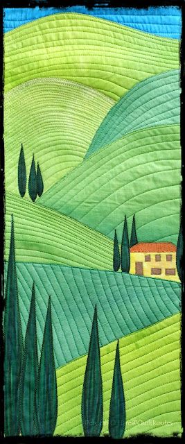 Tuscan Hillside Mountain Landscape Quilts Ideas, Landscape Quilts Ideas, Quilted Pictures, Fabric Landscapes, Patchwork Painting, Landscape Patchwork, Fabric Landscape, Tuscan Landscape, Quilting Art
