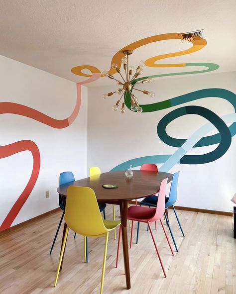 Playroom Painted Wall Ideas, Funky Playroom Ideas, Wall Design Colorful, Slanted Ceiling Mural, Unique Interior Paint Ideas, Colorful Boho Wall Decor, Colorful Home Palette, Fun Wall Designs, Colorful Wall Design