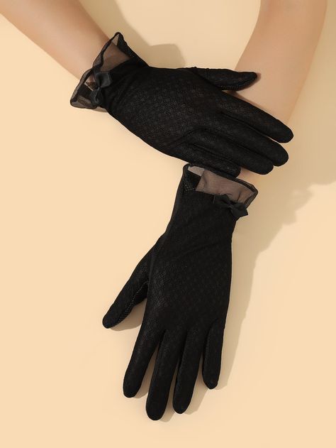 Black  Collar  Fabric Plain Full Finger Gloves Embellished   Women Accessories Black Gloves Aesthetic, Cute Gloves, Gloves Aesthetic, Victorian Gloves, Fancy Gloves, Addams Family Costumes, Elegant Gloves, Mermaid Aesthetic, Finger Gloves