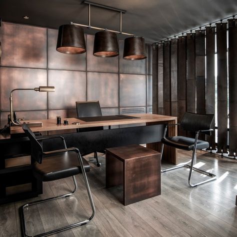 Masculine Home Office, Industrial Home Offices, Interior Kantor, Office Tables, Small Office Design, Industrial Office Design, Office Table Design, Office Design Inspiration, Office Interior Design Modern