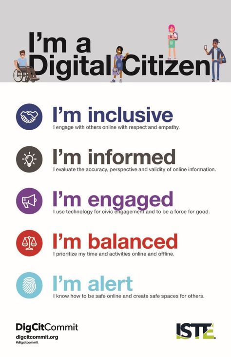 Infographic: I'm a digital citizen! | ISTE Digital Citizenship Posters, Online Etiquette, Digital Wellbeing, Elementary Tv, Digital Citizen, Global Citizenship, Elementary Counseling, Guidance Lessons, Digital Citizenship