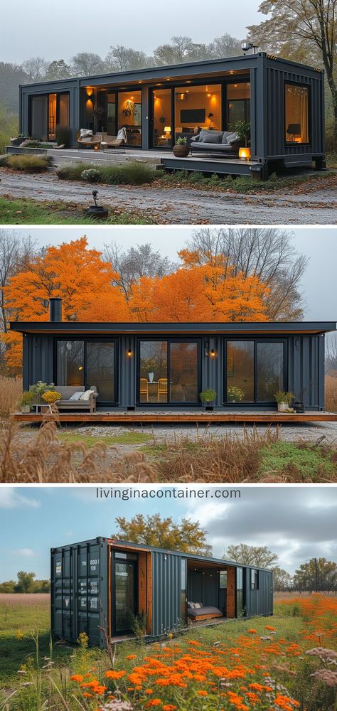 Explore the elegance of this sleek charcoal container home, a serene escape surrounded by autumnal beauty. #shippingcontainerhomes #architecture #containerhouse #containerhousedesign #containerhouseideas #containercabin #tinyhousedesign #containerhomes #housedesign #beforeandafterhome Homes Ideas Exterior, Home Ideas Exterior, Creative Designs Ideas, Home Decor Exterior, Exterior Home Decor, Exterior Home Ideas, Exterior Homes, Homes Ideas, Home Idea