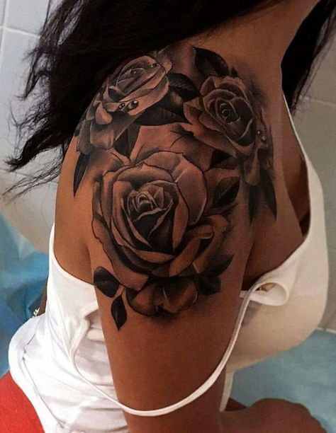 Big Rose Tattoo On Back, Cover Up Tattoos Upper Arm, Collarbone Cover Up Tattoos For Women, Tattoo Ideas Female Shoulder Black Women, Sons Names Tattoo Ideas Mom, Big Shoulder Tattoo, Feminine Tattoos Sleeve Lace, Unique Shoulder Tattoos For Women, Big Rose Tattoo