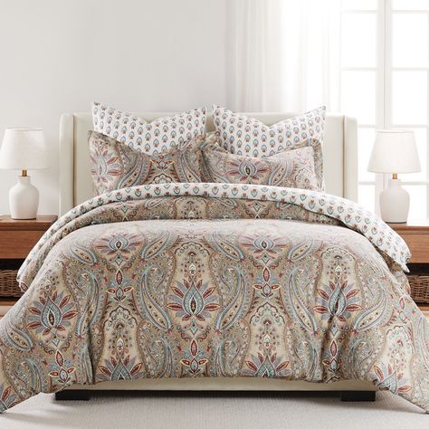 The Kasey Comforter Set by Levtex Home is sophisticated, modern. Offered in maroon, blue , red, taupe and beige, this design will immediately transform your bedroom. Made with a soft, luxurious cotton, this comforter set features a colorful paisley floral. It has a maroon, blue , red, taupe and beige on the front and a mini medallion pattern on the reverse. It is filled with a hypoallergenic 100% polyester filler. The Kasey Comforter Set is machine washable and includes the comforter and pillow Duvet Comforter Sets, Paisley Comforter, Paisley Duvet, Western Bedroom Decor, Twin Comforter Sets, Blue Duvet, Bedroom Decor Cozy, King Duvet Cover Sets, Comforter Bedding Sets