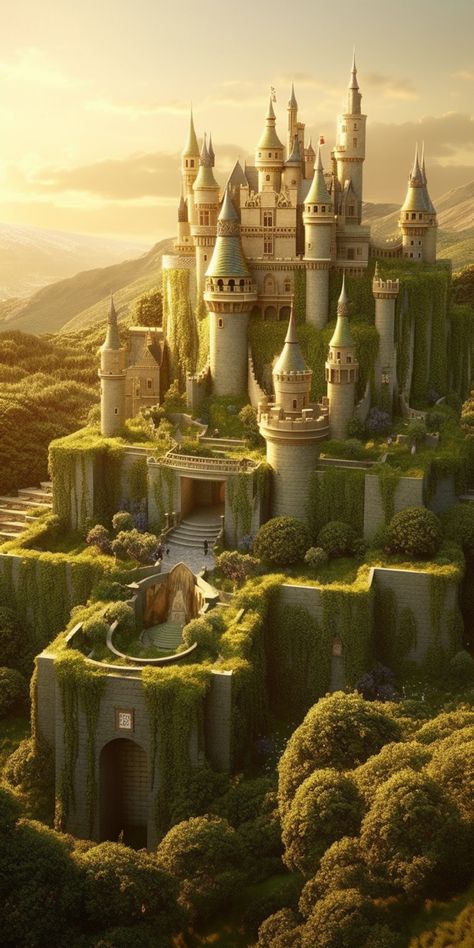 Prompt: luxurious castle with hedge maze, sunrise, gold hours, realistic details --ar 1:2 #ai #midjourneyart #castle #goldenhour #luxury Real Life Castles, Golden Castle Fantasy Art, Gold Kingdom Aesthetic, Fantasy Castle Entrance, Mideaval Castle, Cottagecore Castle, Castle On Mountain, Earth Castle, Castle Fantasy Art