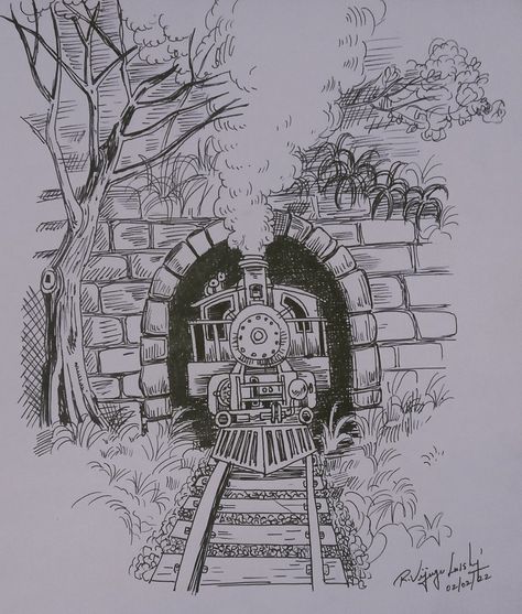 Train Coming Out Of Tunnel Drawing, Train Sketch Simple, Easy Train Drawing, Tunnel Drawing, Pen Shading, Train Sketch, Shading Drawing, Dreamy Artwork, Pen Art Drawings