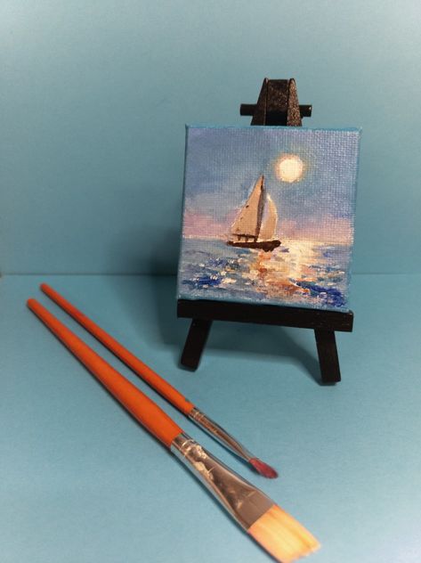 Small Detailed Paintings, Acrylic Painting On Mini Canvas, Acrylic Paint Small Canvas, Sail Boat Acrylic Painting, Miniature Acrylic Painting Mini Canvas, Painting Ideas On Canvas Wall Decor, Sailing Boat Painting Acrylic, Mini Paintings Acrylic, Mini Square Paintings