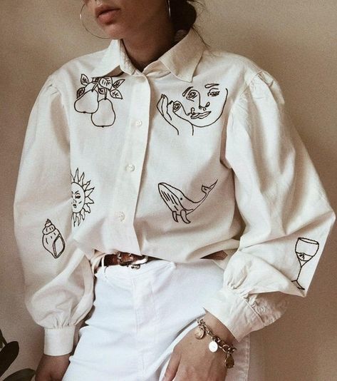Hand Embroidered Oversized Beige Shirt With Puff Sleeves | Etsy Dusty Pink Blouse, Beige Shirt, Embroidery Tshirt, Womens Blouses, Embroidery On Clothes, Ropa Diy, Painted Clothes, Shirt Embroidery, Embroidered Clothes