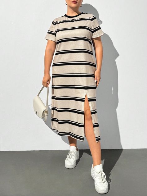 Plus Size Women's Autumn And Winter Casual Loose Khaki Striped Midi Dress, Curve Dress, Fall Bottoming Dress Apricot Casual  Short Sleeve Knitted Fabric Striped Tee Slight Stretch  Women Plus Clothing, size features are:Bust: ,Length: ,Sleeve Length: Tela, Plus Size Dresses, Striped Midi Dress, Curve Dresses, Winter Casual, Womens Fall, Striped Tee, Autumn And Winter, Plus Clothing