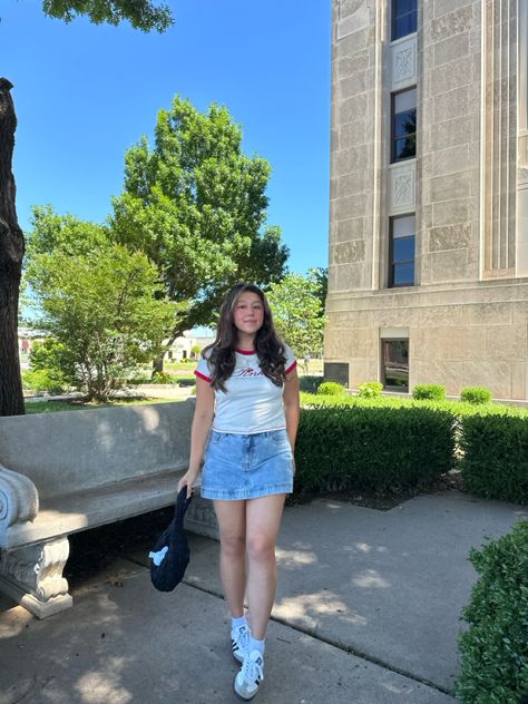 denim skirt, baby tees, cos bag, adidas sambas Cos Bag, Bag Adidas, Cos Bags, Adidas Sambas, Summer Outfit Inspo, Baby Tees, Adidas Samba, Baby Tee, Jean Skirt