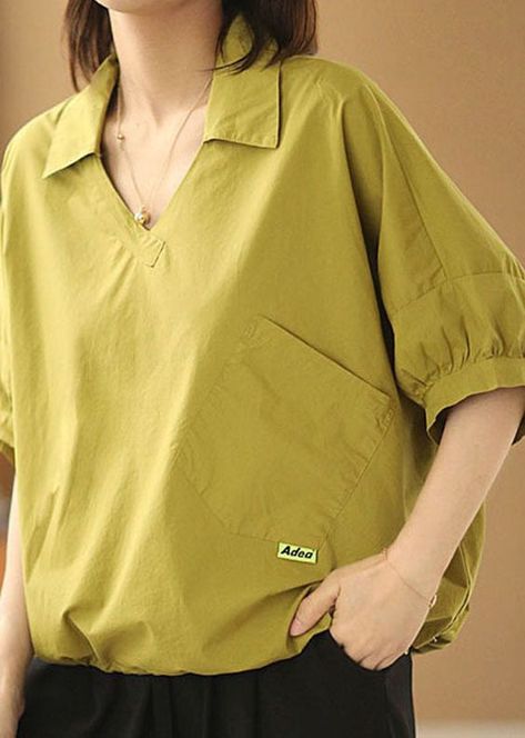 Women Yellow V Neck Patchwork Cotton Loose Shirt Tops Short Sleeve – Omychic Cute Cotton Tops, Short Shirts For Women, Short Tops For Women, Loose Shirts For Women, Loose Tops For Women, Shirt Tops For Women, Women Cotton Tops, Blus Sifon, Printed Shirts For Women