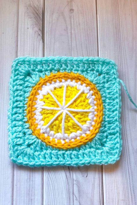 Lemon Granny Square Crochet Pattern - thecaffeinatedsnail.com Amigurumi Patterns, Mandalas, Couture, Crochet Orange Granny Square, Lemon Pattern Crochet, Food Crochet Granny Square, Citrus Granny Square Pattern, Candy Granny Square, Pineapple Granny Square Crochet Pattern