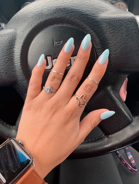 Sky Blue Coffin Acrylics, Short Almond Baby Blue Nails, Light Blue Acrylic Nails Almond Short, Almond One Color Nails, Baby Blue Nails Almond Shape, Blue Acrylic Almond Nails, Bday Nails Ideas Short Almond, Baby Blue Almond Acrylic Nails, One Color Almond Nails