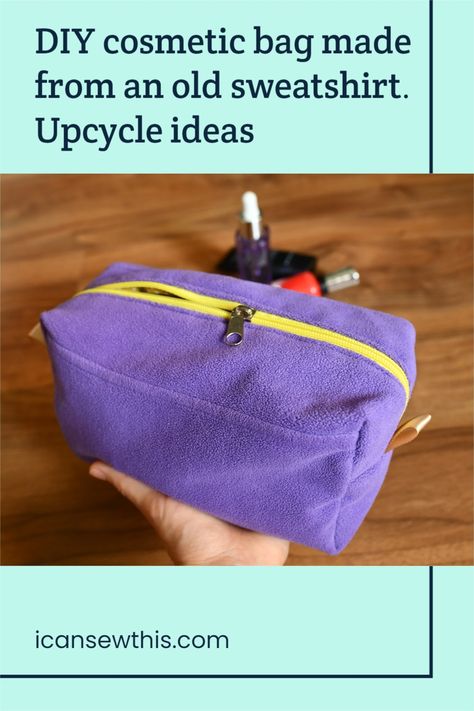 This purple fleece bag is roomy enough to fit all my and my family’s products. I think this may be my favorite sweatshirt upcycling idea, so far! It makes a great makeup organizer, perfect for travel. What can you make with an old sweatshirt? As it turns out, quite a lot. Here are all my DIY sweatshirt upcycle ideas. #sewing Upcycling, Fleece Bags Diy, Old Sweatshirt Ideas, Diy Sweatshirt Upcycle, Fleece Diy, Sweatshirt Upcycle, Fleece Bag, Cosmetic Bags Diy, Cloth Backpack