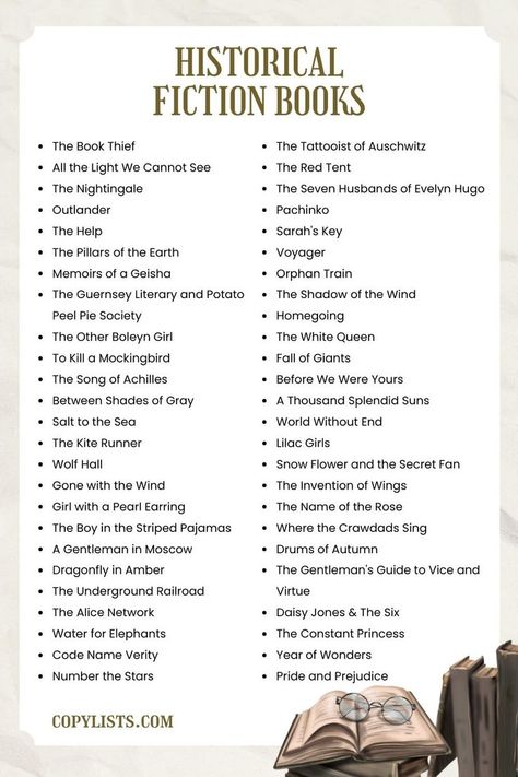 a list of historical fictions books. The link will lead you to a readable list. Book Recommendations Fiction, Fiction Books Worth Reading, Genre Of Books, Book Reading Journal, Book Genre, The Book Thief, Unread Books, Historical Fiction Books, Historical Books