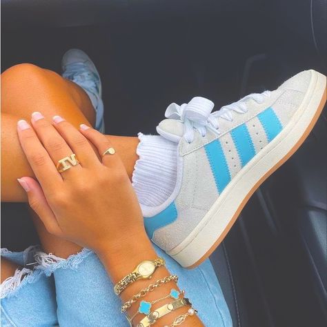 Unique Blue Striped Adidas Campuses | Trending | Unique | Summer | Super Cute | #Adidas #Adidascampus #Blueadidas #Blueadidascampuses #Shoes #Trendingshoes Casual Adidas Shoes, Shoes That Are Trending, Shoes In Style 2024, Cute Shoes Adidas, Adidas Campus Aesthetic, Cool Girl Shoes, Adidas Shoe Outfits, Cute Sneakers Aesthetic, Addidas Shoes Campus 00s