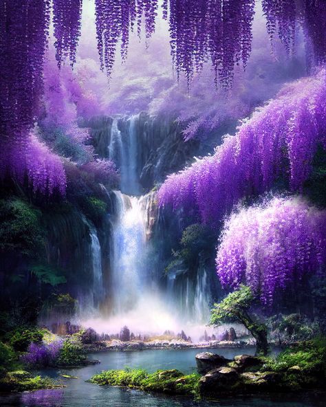 Purple Aesthetic Fantasy World, Magical Waterfall Art, Fantasy Lake Concept Art, Magical Lake Art, Wisteria Fantasy Art, Magic Lake Fantasy Art, Magical Lake Aesthetic, Mythical Landscape Art, Avatar The Way Of Water Landscape