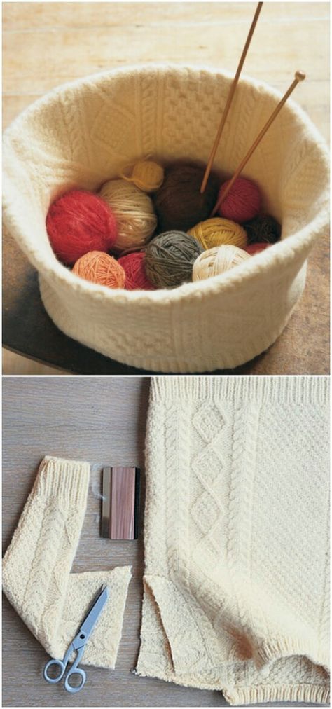 Felted Knitting Basket - 50 Amazingly Creative Upcycling Projects For Old Sweaters Tela, Diy Old Sweaters Ideas Upcycle, Christmas Ornaments From Old Sweaters, Sweater Crafts Upcycling, Old Sweaters Repurposed, Old Sweater Projects, Upcycle Baskets, Sweater Upcycle Diy, Upcycling Sweaters