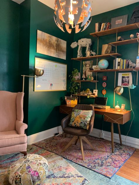 Moody Therapy Office, Jewel Tone Office Space, Emerald Green Office, Green Office Ideas, Maximalist Home Office, Colourful Home Office, Heart Templates Free Printables, Small Moody Office, Artistic Office