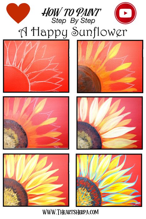 How to Paint a Sunflower step by step in Acrylic on Canvas by The Art Sherpa!! Are YOU ready to Enjoy this Beginners step by step learn how to paint in this full acrylic art lesson! Check out our Free Acrylic painting Class Video. You CAN paint this! Image is property of The Art Sherpa and intended for the Students Personal education and Enjoyment. For questions regarding using any Art Sherpa painting in a commercial setting Contact labs@theartsherpa.com Paint Over Canvas Painting Ideas, Paint And Sip Sunflower, How To Paint Ideas On Canvas, Easy Fall Pictures To Paint, Painting A Sunflower Step By Step, Step By Step Fall Paintings On Canvas, Step By Step Canvas Painting Ideas, Easy Beginner Canvas Painting Ideas, Painting How To Step By Step