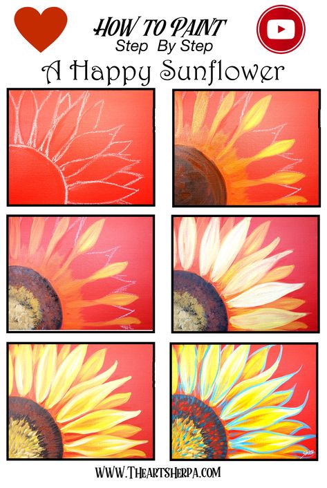 How to Paint a Sunflower step by step in Acrylic on Canvas by The Art Sherpa!! Are YOU ready to Enjoy this Beginners step by step learn how to paint in this full acrylic art lesson! Check out our Free Acrylic painting Class Video. You CAN paint this! Image is property of The Art Sherpa and intended for the Students Personal education and Enjoyment. For questions regarding using any Art Sherpa painting in a commercial setting Contact labs@theartsherpa.com Paint Over Canvas Painting Ideas, Outdoor Acrylic Painting Ideas, How To Paint Ideas On Canvas, Step By Step Canvas Painting Ideas, Easy Beginner Canvas Painting Ideas, Painting How To Step By Step, How To Paint Pictures, Painting A Sunflower Step By Step, How To Paint Flowers Easy Step By Step