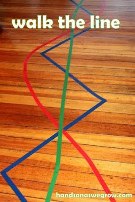 From handsonaswegrow.com: "I taped some fun lines on the floor in three different colors.  A blue zig zag line.  A red curvy line.  And one straight line in green.  We ended up with two activities with this one setup with colored tape.  1. Walk the line of colored tape.  2. Blow pom poms along the coordinating color line." Eyfs Topics, Physical Activities For Preschoolers, Kaba Motor Becerileri, Playing Preschool, March Preschool, Gym Activities, Colored Tape, Gross Motor Activities, Movement Activities