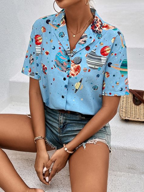 Baby Blue Casual  Short Sleeve Polyester Galaxy Shirt Embellished Non-Stretch Summer Women Tops, Blouses & Tee Ms Honey, Galaxy Shirt, Corset Fashion, Casual Shirt Women, Pattern Inspiration, Button Front Blouse, Painted Clothes, Street Style Summer, Women Blouses