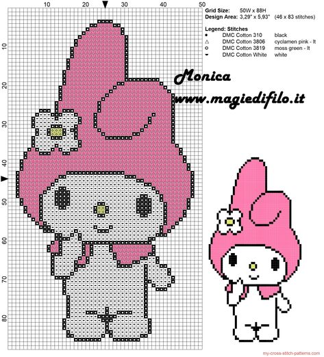 My Melody cross stitch pattern Cute Sewing Projects, Stitch Cartoon, Pola Kristik, Disney Cross Stitch, Pixel Pattern, Beaded Cross Stitch, Cute Cross Stitch, Perler Bead Art, Tapestry Crochet